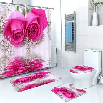 Водоустойчива вана душ завеса комплекти тоалетна седалка капак неплъзгаща се вана мат килим килим баня декор полиестер миещи се