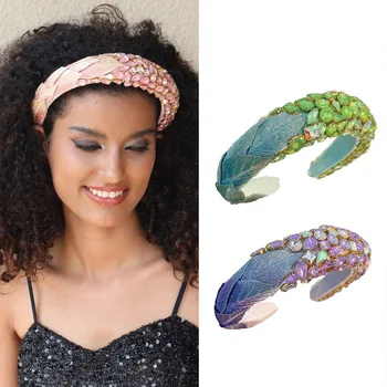 голям широк буци скъпоценен лента за глава за жени мода кристални камъни цветни листа елегантни декоративни бижута за коса ленти за коса