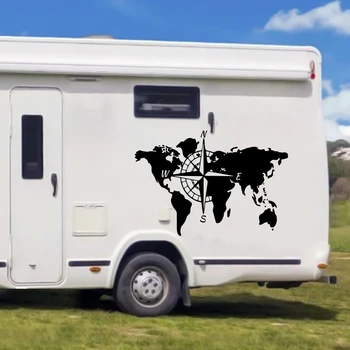 Голяма карта на света Компас каравана кола стикер къмпинг пътуване Разгледайте кемпер Rv кемпер камион Decal авто декор YT1480