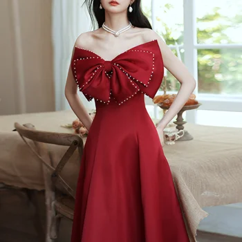 Голяма панделка без презрамки принцеса сватбено парти рокля кръст дантела нагоре червени елегантни вечерни рокли 2024 Нова тънка талия жени Vestidos