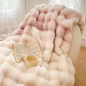 градиент розов изкуствена кожа кадифе руно одеяло зимно одеяло хвърлят двоен слой топъл кашмир корали изкуствена заек кожа легло лист