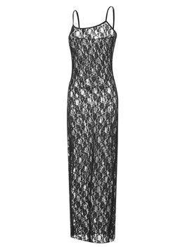 Дамска елегантна флорална дантелена макси рокля с отвесно високо сплит без ръкави V-образно деколте и разрошени детайли