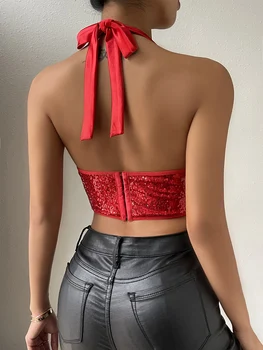 Дамска мода потници пайети вратовръзка оглавник врата гръб жилетки лято тънък годни без ръкави изрязани върхове улично облекло (Red XS)
