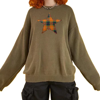 Дамска мода пуловер връхни дрехи есен WInter пуловери случайни дълъг ръкав отпечатани звезда бродерия джъмпер върхове