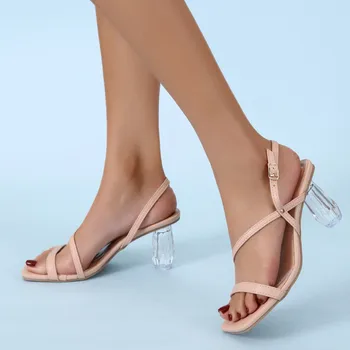 Дамска мода тънка каишка комбинация катарама отворени пръсти висок ток сандали висок ток за жени гел