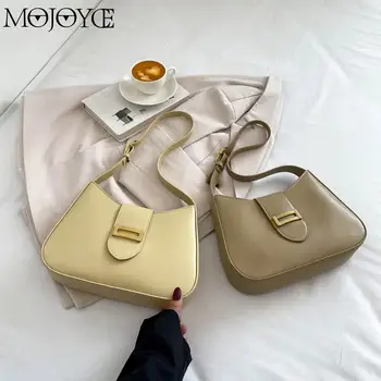 Дамска модна чанта за подмишници Голям капацитет PU кожа класически полумесец чанта плътен цвят проста пазарска чанта Chic Hobo чанта