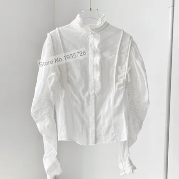 Дамски 100% памук блуза с дълъг ръкав риза отгоре с разрошени детайли