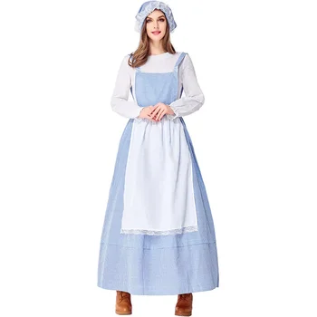 Дамски косплей прислужница рокля пасторален стил синьо решетка ферма костюм