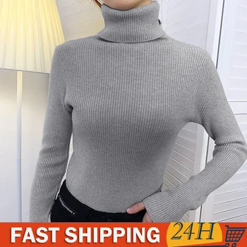 Дамски пуловер 2023 Есенен пуловер с поло за жени Тънък топъл твърд пуловер с дълъг ръкав Прост основен пуловер женски върхове