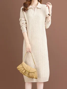 Дамски пуловер рокли ново в ревера корейски версия есен зима пуловер плътен цвят модерен елегантен дамско облекло