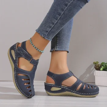 Дамски сандали с клин на ток, платформа плътен цвят глезена каишка кръг Toe сандали, дамски кука и контур обувки