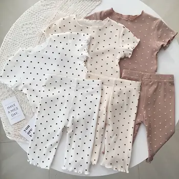 Детско спално облекло Дрехи Комплект Dot Print Спяща пижама Casual Малко дете Бебе Корейски деца Бебе Лято Облекло на открито Костюм