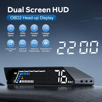  Дисплей за главата на автомобила Двоен екран OBD2 HUD проектор за предно стъкло Скоростомер Откриване на температурата на маслото Аксесоари за аларма за превишаване на скоростта