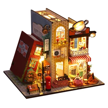 Дървен миниатюрен комплект за кукли с аксесоари Мебелна книга Nook кафе кукла къща играчки Casa Roombox ForAdult рожден ден подаръци