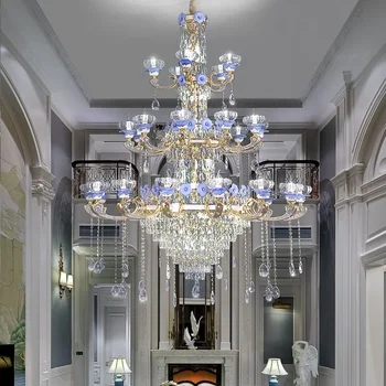 Европейски дуплекс голям полилей вила апартамент високо кристал хол полилей френски свещ дълго стълбище полилей