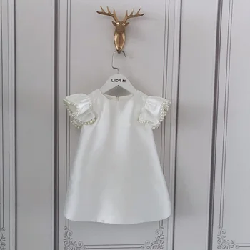 Едногодишна момичешка рокля за рожден ден Венчелистче ръкав перла Голям лък бяла рокля A-line Ръчно изработена рокля с жилетка Детска рокля