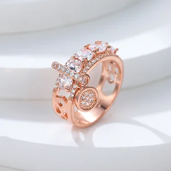 Едноредови кристални кръгли камъни пръстен бял циркон малки висящи пръстени за жени розово злато цвят сватбени халки годежни бижута