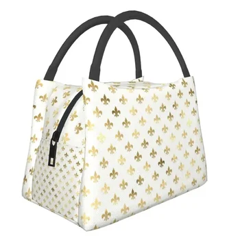 Елегантен злато и бяло Fleur де Lis модел изолирани обяд чанти за къмпинг пътуване лилия цвете resuable Бенто кутия жени