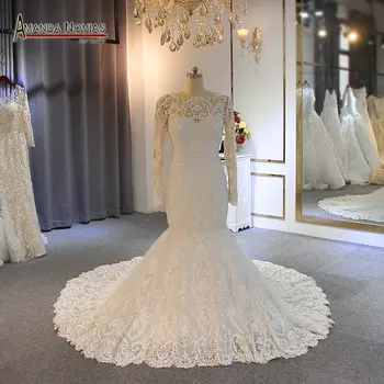 Елегантна сватбена рокля с дълги ръкави русалка булчинска рокля булчинска рокля