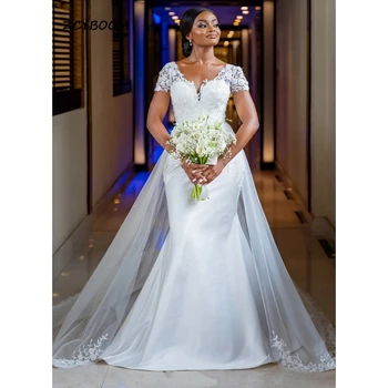 елегантни бели апликации с V-образно деколте Сватбени рокли с къс ръкав 2023 Бохо русалка етаж дължина почистване влак цип сатен булчински рокля