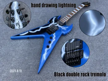 Електрическа китара Плътно синьо тяло с линии за рисуване на мълнии HH Затвори капака Пикап Двойна скала Tremolo черни части 3 саксии един до