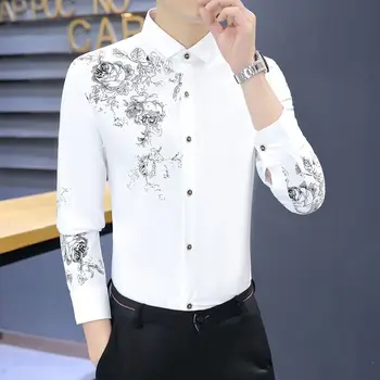 Есен и пролет нов стил печат ризи мъже корейски хлабав дълъг ръкав блуза мъжки случайни бутон нагоре върхове за тийнейджър 2023 R33