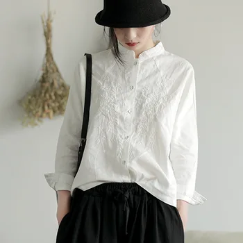 Есен Нова реколта стойка яка бяла риза елегантен хлабав бродерия памук бельо дълъг ръкав върховете блуза за жени Blusas Mujer