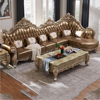 Естествена кожа хол мебели вила масивна дървена корона диван комплект хол мека мебел