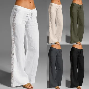 Жени висока талия широк крак панталони мода твърди еластична талия хлабав шнур панталони женски панталони лято удобен ежедневни панталони