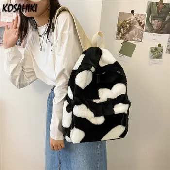 Жени корейски Kawaii Училищни чанти Улично облекло Preppy сладки чанти с висок капацитет Y2k естетически контрастен цвят пухкави раници Ученици