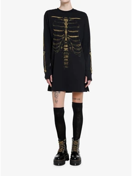 Жени Хелоуин графичен скелет печат тениски случайни дълъг ръкав пуловер върховете хлабав годни гръндж блуза топ рокля