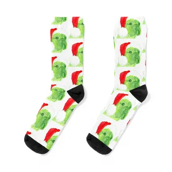 Зелен коледен булдог- Акварел Арт чорапи чорапи мъж Неплъзгащи се чорапи смешен подарък Мъжки чорапи Луксозни дамски