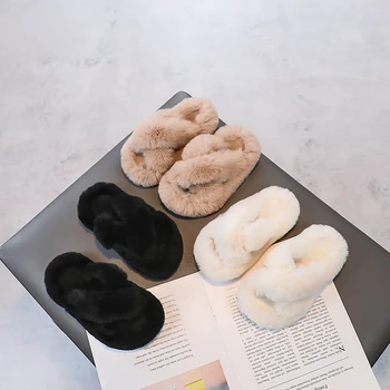 Зимни памучни чехли Космати кръстосано вързани домашни чехли момичета топли неплъзгащи се меки фулфи слайдове мода спалня плюшени обувки G11241
