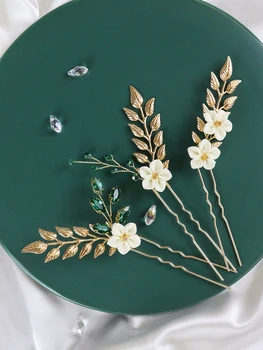 Златен лист цвете фиби зелен кристал жени шапки реколта шаферка подарък сватба аксесоари за коса булчински фиба
