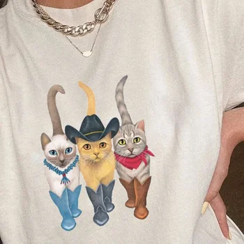 Каубойка Западна ретро Тексас графични тройници жени 90-те години реколта каубой котки тениски котка любовник сладък смешно T ризи хипи бохо върхове