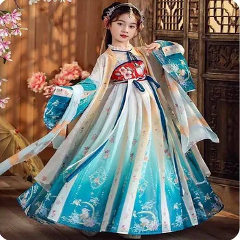 Китайска ханфу рокля момичета детски карнавал Хелоуин косплей костюм рожден ден ханфу градиент синя рокля за момичета 3-13Y