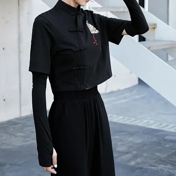 Китайски стил елемент Топ фен печат Harujuku черна тениска жени 2020 Азиатски улично облекло Bottons Cheongsam Кроп Топс 11374