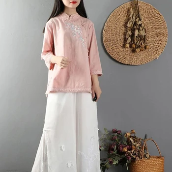 Китайски традиционни върхове за жени ханфу пълен ръкав плътен цвят реколта дрехи памук бельо Cheongsam Топ женски 2022 Ново
