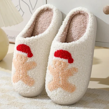 Коледни чехли за жени Мъжки зимен дом Есен Топло Дебело Плюшено Неплъзгащо се Спалня Плоски обувки Къща Чехли Коледен подарък