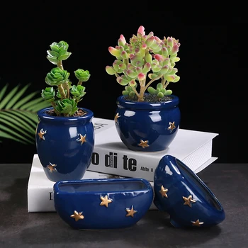корейски изящна звезда тъмно синьо керамични саксия за цветя реколта сочен зелено растение саксийни изкуство орнамент Начало творчески градинарство