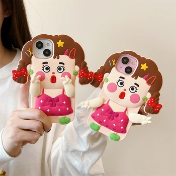 корейски сладък 3D лък плитка приплъзване рокля момиче силиконов калъф за iphone 11 12 13 14 15 Pro Max Fun Spinning little Hands карикатура корица