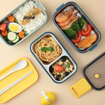 Кутия за обяд от неръждаема стомана за възрастни Детско училище Офис 1/2 слоя Microwavable преносими решетки Bento Food Storage Containe