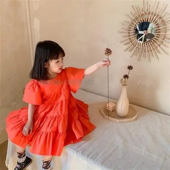 Къс ръкав момичета сладък принцеса снаждане наслояване лято нова мода детски костюм хлабав детска рокля