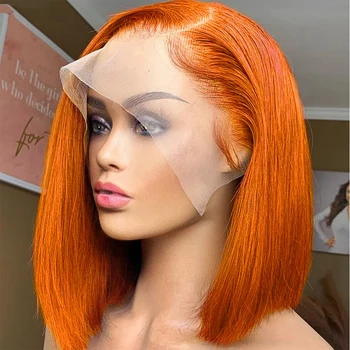 къса 13x4 дантела фронтална перука боб цветна човешка коса 180% плътност джинджифил оранжева дантела предна перука човешка коса предварително оскубана прозрачна