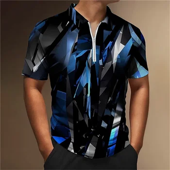 Летни тениски Мъже Zip 2023 Поло голф риза Абстрактна графика Мъжки 3D принтове Изненадващи върхове Къси ръкави Цип облекло Мода