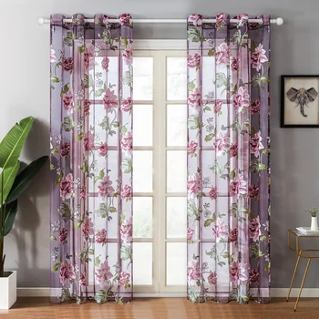 Лилави флорални тюл отвесни завеси за хол спалня кухня сянка прозорец завеса елегантен voile завеса щори 1 панел