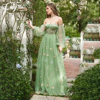 Лили от рамото Официални рокли Зелени нощни рокли Дамски вечерни рокли Корсет флорални сватбено тържество рокля халат де бал