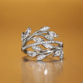Луксозен женски голям лист цвете пръстен обещание сребърен цвят годежни пръстени за жени реколта бял циркон сватбен пръстен бижута