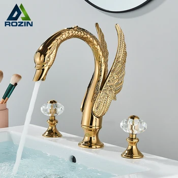 Луксозен златен лебед форма басейн кран двойна кристална дръжка палубата монтиране баня миксер кранове широко разпространени топла студена вода миксер клапан кран