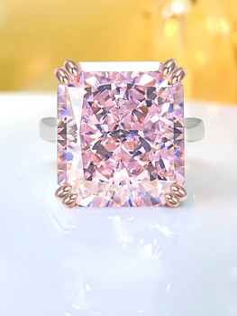 Луксозен розов диамант натрошен лед нарязани багет 925 стерлинги сребърен пръстен с високо въглеродни диаманти за универсални жени